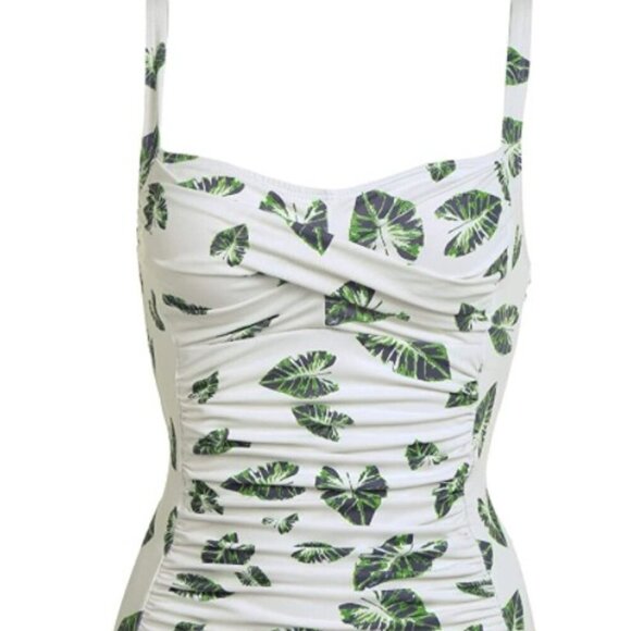 TROPICAL PALM LEAF MONOKINI RUCHED TUMMY ONE PIECE SWIMSUIT - Picture 2 of 12